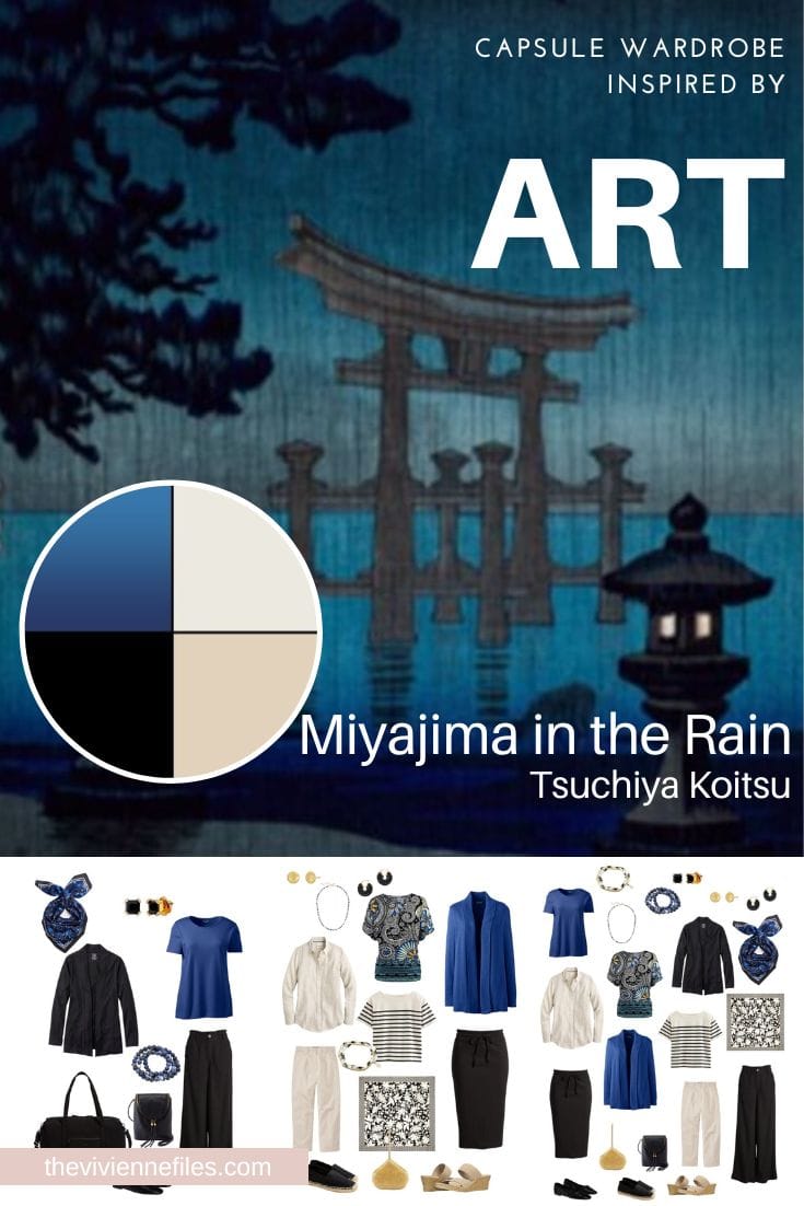 Travel Capsule Wardrobe in Black, Beige and Blue Start with Art - Miyajima in the Rain by Tsuchiya Koitsu