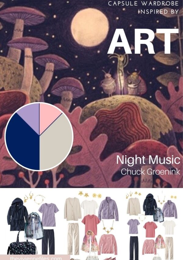 A TRAVEL CAPSULE WARDROBE IN NAVY & STONE, WITH ROSE & LAVENDER START WITH ART – NIGHT MUSIC BY CHUCK GROENINK