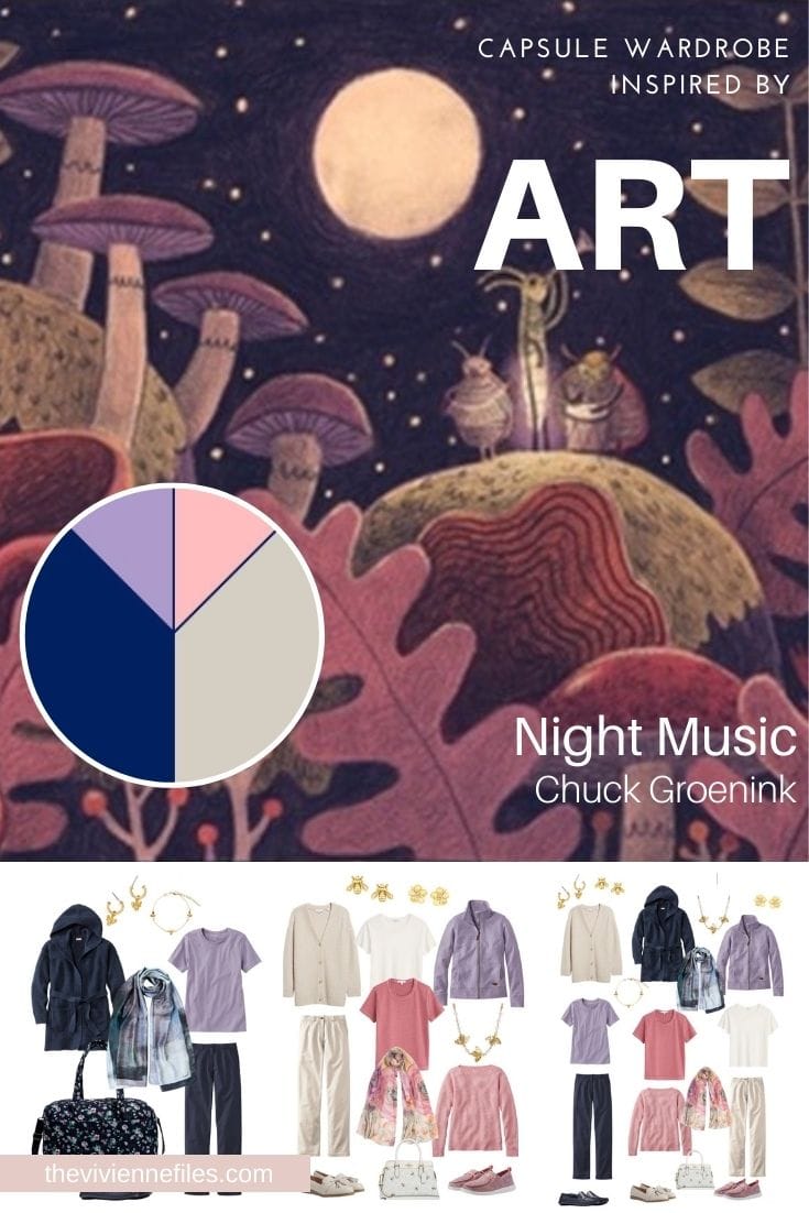 A TRAVEL CAPSULE WARDROBE IN NAVY & STONE, WITH ROSE & LAVENDER START WITH ART – NIGHT MUSIC BY CHUCK GROENINK