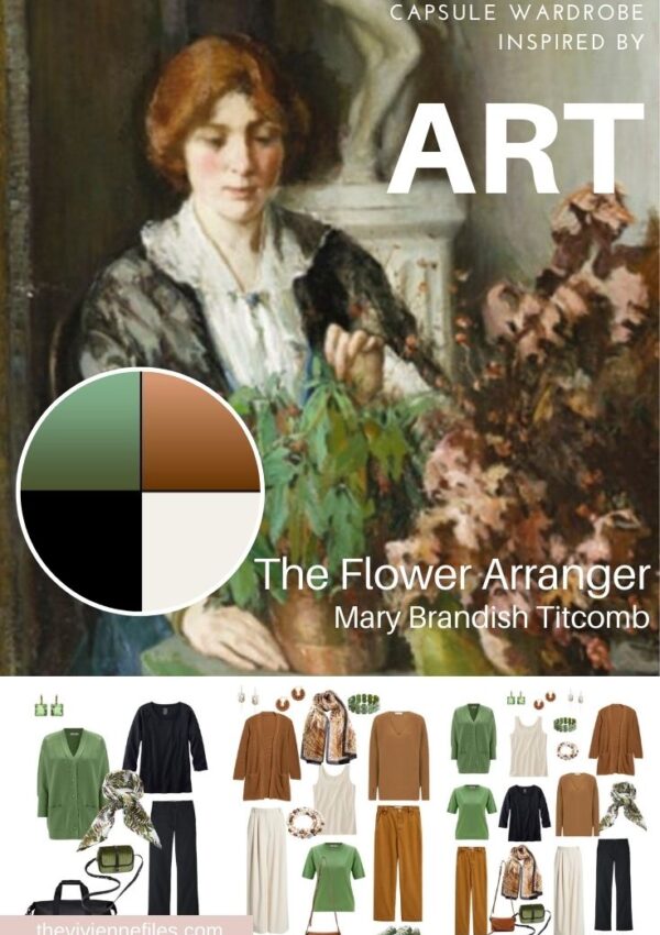 A Travel Capsule Wardrobe in Black, Brown, Green and Ivory Start with Art - The Flower Arranger by Mary Brandish Titcomb