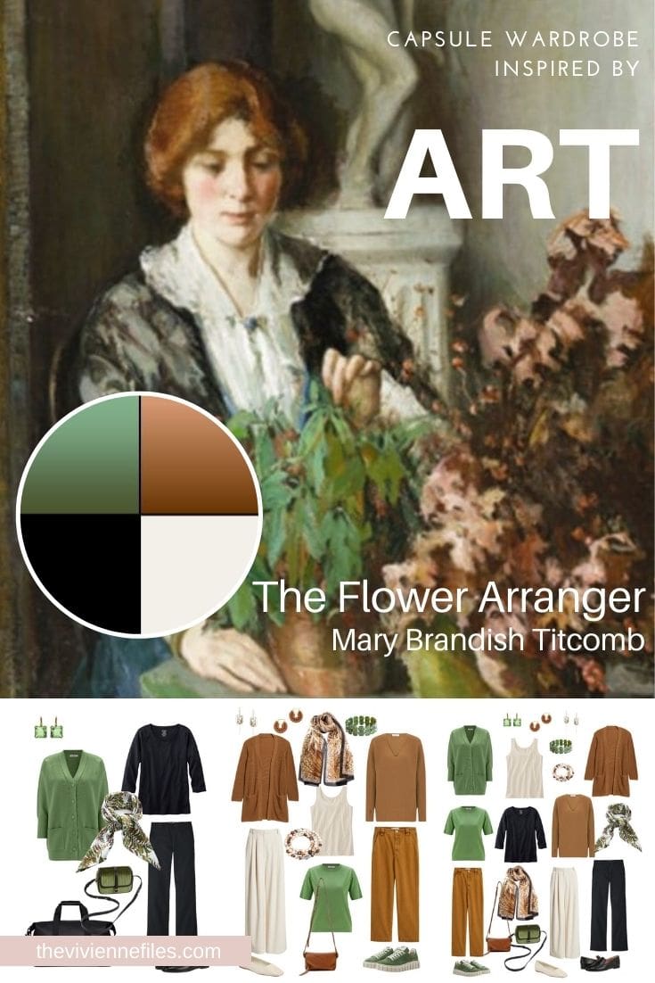 A Travel Capsule Wardrobe in Black, Brown, Green and Ivory Start with Art - The Flower Arranger by Mary Brandish Titcomb