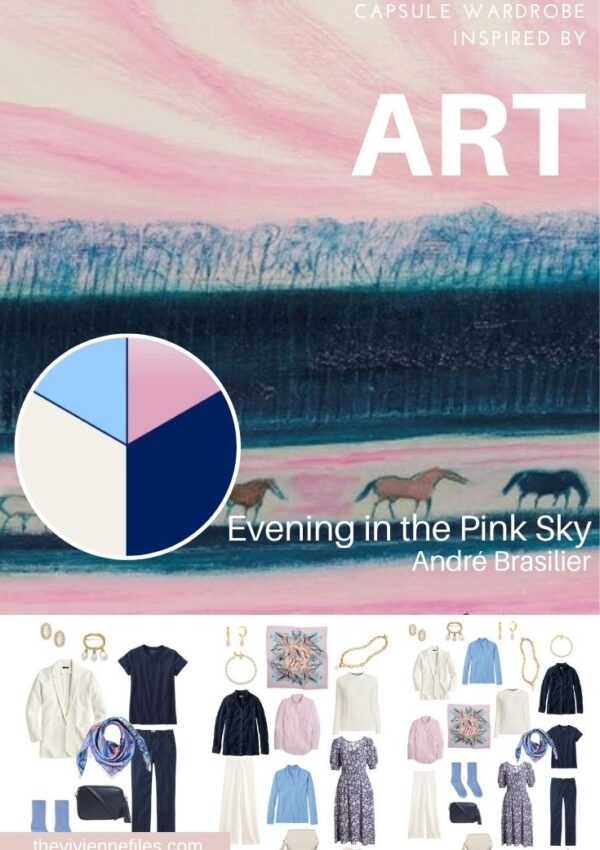 Travel Capsule Wardrobe in Navy & Ivory with pastels Evening in the Pink Sky by André Brasilier Start with Art