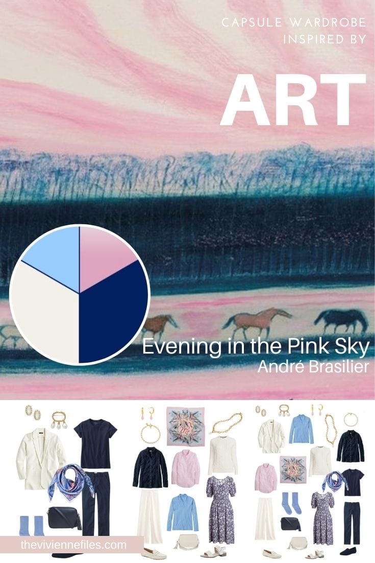 Travel Capsule Wardrobe in Navy & Ivory with pastels Evening in the Pink Sky by André Brasilier Start with Art