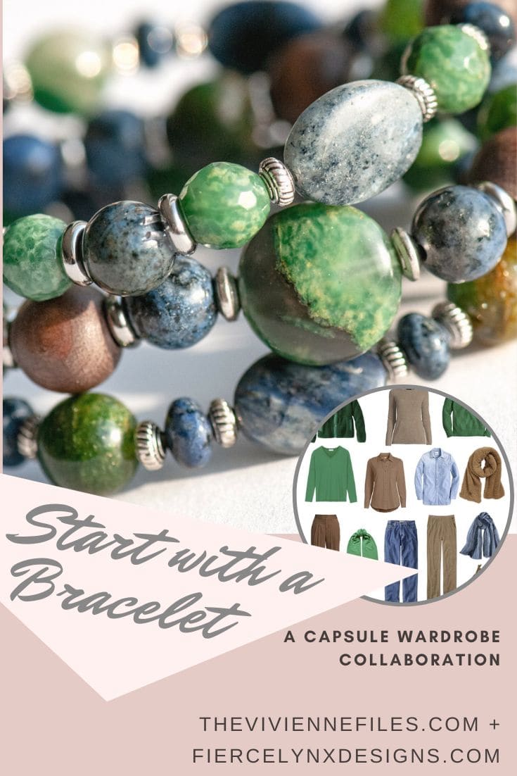 Build a capsule wardrobe starting with a bracelet in green, blue, and brown